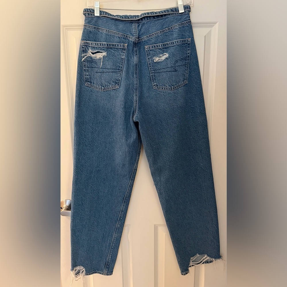 American Eagle Foldover High Waist Straight Leg Jeans, Distressed Blue, 8 Short - Picture 6 of 15